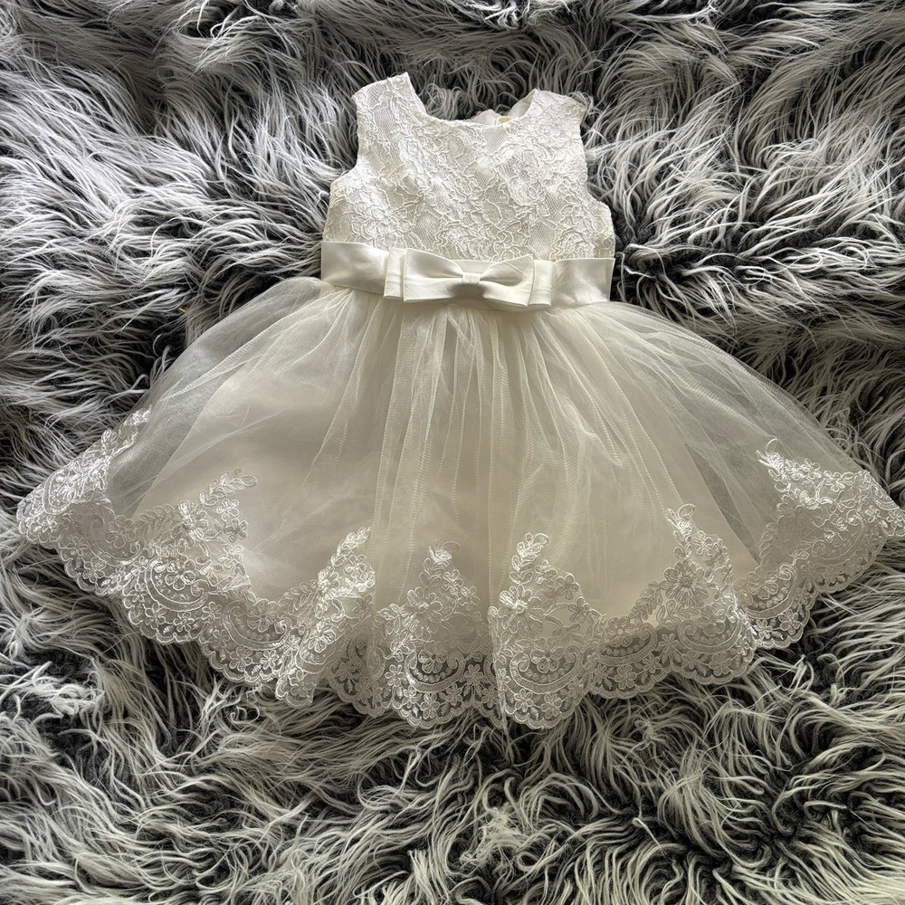 Beautiful Flower Girl Baptism Dress, Decorated Tulle, Christening White Gown 4m